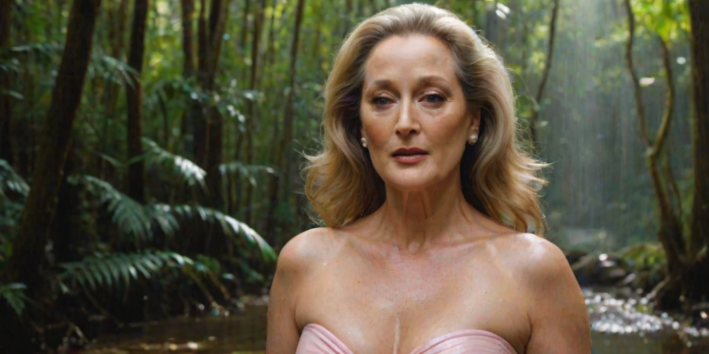 A photo of an old, beautiful Meryl Streep with light tanned skin, a small nose, and soft pink lips. She has perfect symmetric eyes and wears a strapless transparent bikini. She has a big female bosom with push-up. The model is standing under the warm sunlight, showcasing her toned figure and delicate curves. The background is a rain forest with sparkling water and trees. The overall ambiance is a perfect blend of luxury, glamour, and beachside leisure.