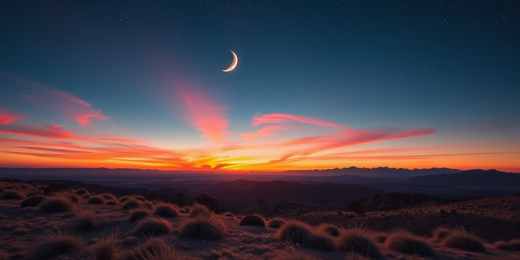Create a high-resolution image of a surreal landscape featuring a crescent moon and a vibrant sunset, with distant mountains and starry sky, captured with a Canon EOS R5 using a 24mm f/1.4 lens, at ISO 800, shutter speed 15s, aperture f/2.8, in a wide-angle view to enhance depth and clarity.