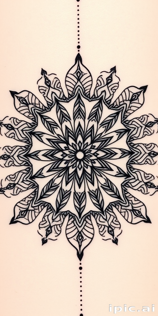 Delicate blackwork mandala tattoo called "Sacred Geometry" showcasing intricate repeating patterns radiating from a central point with varying line weights and dotwork shading