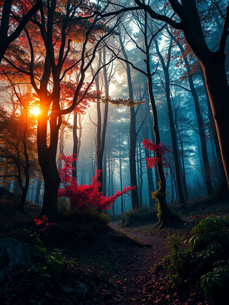 Create a highly detailed digital artwork of a mystical forest at sunrise, featuring vibrant colors and intricate details, captured with a Canon EOS R5, using a 50mm lens at f/1.8, ISO 100, and a shutter speed of 1/200s, with a wide-angle perspective to enhance depth and clarity.