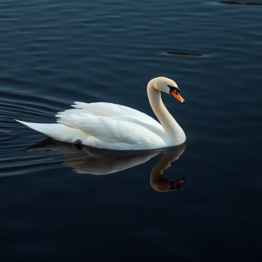 a serene white swan gliding on dark water, reflecting perfectly, taken with a Canon EOS 5D Mark IV at f/4, 1/250s, ISO 400, focused on subject with a shallow depth of field, shot in natural light for enhanced image quality