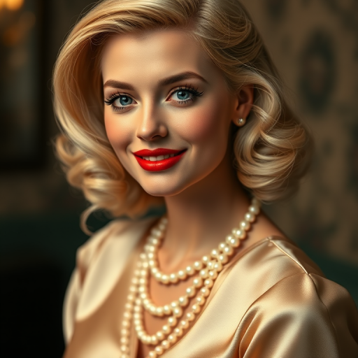 A beautiful Romani woman reminiscent of 1950s Hollywood glamour, with perfectly styled blonde hair and a seductive smile, dressed in a satin blouse and adorned with pearls, soft and warm tones, photorealistic, 8K