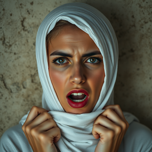 Create a close-up photographic image of a Arab woman with light skin tones shown against an old, worn wall. Their head is wrapped in a white cloth covering (i.e.... parts of the head except the nose and mouth, which are open as if they are screaming...), with a slight texture and visible folds in the fabric. Thin strands of blonde hair escape from the wrapping above, falling lightly at the top and sides. Their hands hold the fabric as if they are tugging nervously. The lighting is dramatic and even, casting strong shadows. The image has a minimalist and surreal style with an emphasis on simplicity with soft color tones. The composition is centered.