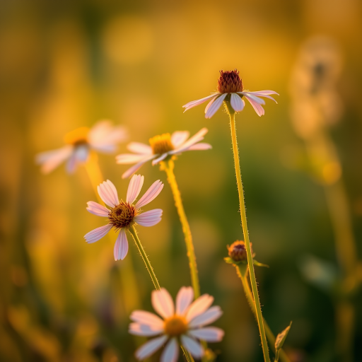 capture a group of wildflowers at golden hour with a shallow depth of field, using a DSLR camera with a 50mm lens, aperture f/1.8, ISO 100, shutter speed 1/200 sec, in soft focus, highlighting the delicate features of the flowers against a blurred background