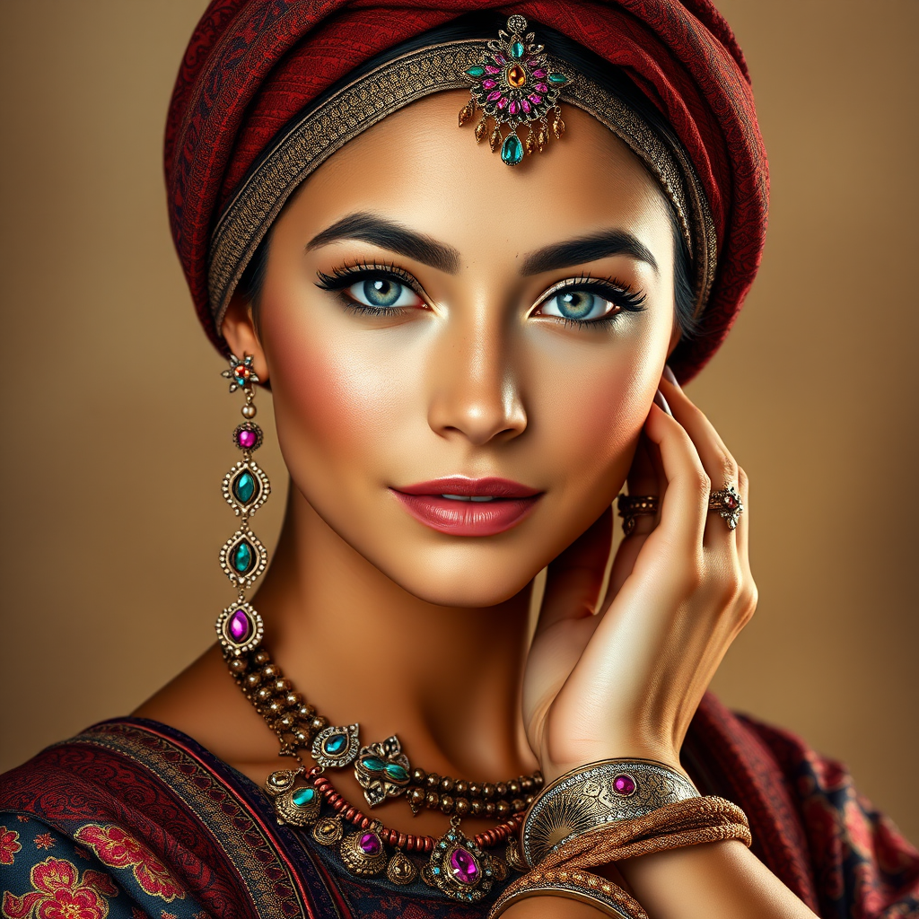 Create a portrait of a beautiful Hispanic woman with striking white eyes and a gentle expression. She is adorned in traditional attire with intricate patterns, including a richly embroidered headscarf and matching garments. Her jewelry includes a delicate headpiece, dangling earrings, and ornate bracelets, all featuring vibrant gemstones and detailed metalwork. The background is soft and warm, enhancing the rich colors of her outfit and jewelry.