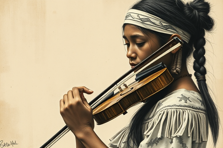 a young First Nations woman with a white headband playing a violin, in the style of a charcoal drawing, sepia grunge background