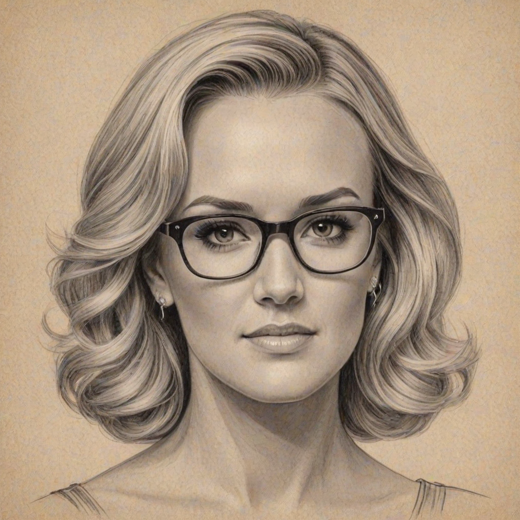 Alluring Carrie Underwood, pencil sketch, portrait of Appealing woman 1938s in glasses, hair style beatnik, outline, clear lines, fine lines, 8k