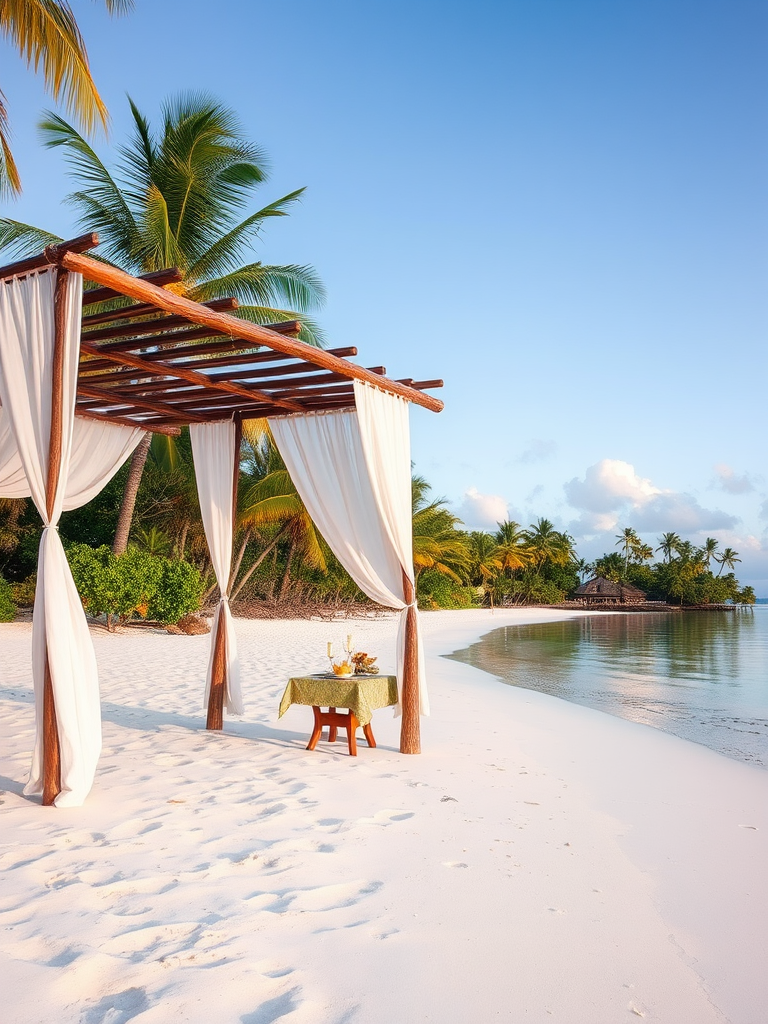 Create a picturesque tropical beach scene featuring a serene, white sandy shore. In the foreground, there's a rustic wooden canopy with white drapes gently flowing in the breeze. Underneath the canopy, a table is set with tropical decor, evoking a sense of relaxation and leisure. The beach extends into a calm, shallow water area with reflections of the sky and surroundings. Palm trees and lush greenery line the edge of the beach, providing a natural, tropical backdrop. The sky is clear with a few scattered clouds, and the overall atmosphere is tranquil and inviting, perfect for a peaceful retreat.