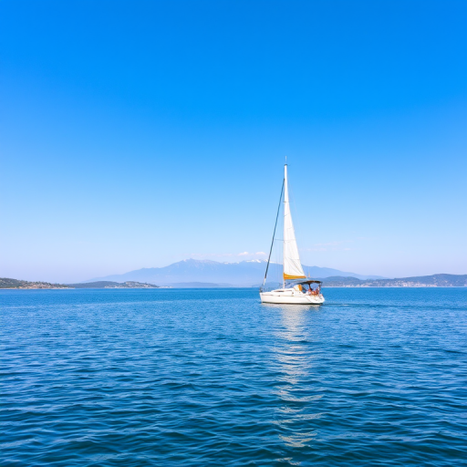 sailing boat on a calm lake with a clear blue sky and distant mountains in the background, taken with a DSLR camera at 50mm, aperture f/5.6, shutter speed 1/200s, ISO 100, landscape view, vibrant colors, high dynamic range.