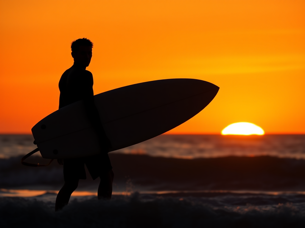 silhouette of a surfer holding a surfboard against a vibrant orange sunset, wide-angle view, f/8 aperture, ISO 200, shutter speed 1/200 sec, shot with a digital DSLR camera