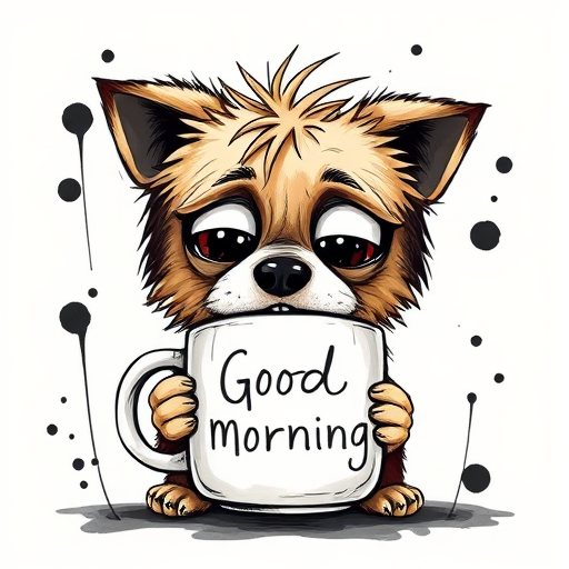 A quirky, artistic illustration of a disheveled puggat dog breed with exaggerated, large eyes and spiky fur, holding a coffee mug that reads "Good Morning". The dog has a tired but humorous expression, with ink splatters and abstract details surrounding it, giving a whimsical feel to the image. The color palette is mostly monochrome with hints of black in the eyes and steam rising from the mug, enhancing the overall sleepy vibe