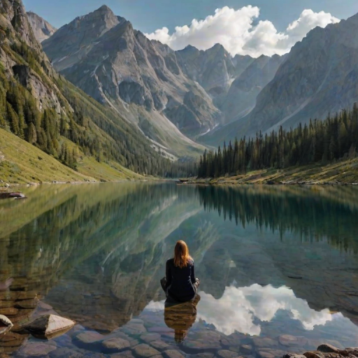 Serene mountain lake reflecting the surrounding peaks, with a woman sitting quietly on the shore, enjoying the peaceful solitude.