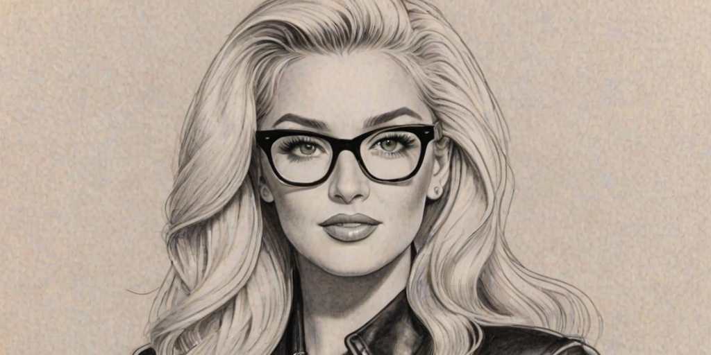 Enticing Erika Jayne, pencil sketch, portrait of Lovely woman 1957s in glasses, hair style beatnik, outline, clear lines, fine lines, 8k