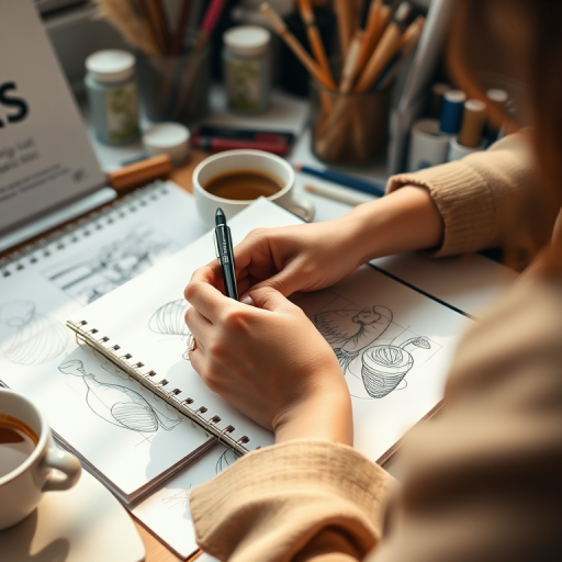 Close-up of a woman’s hands sketching in a notebook, soft light illuminating her workspace filled with art supplies and sketches, with a warm cup of coffee nearby.