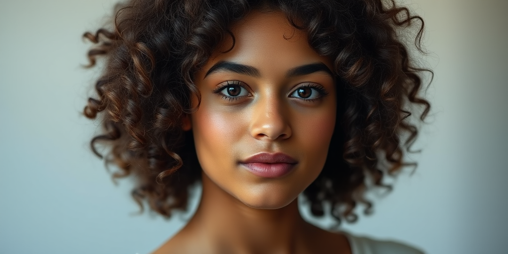 portrait of a young woman with curly hair, natural lighting, soft focus, DSLR camera, aperture f/1.8, shutter speed 1/100, ISO 200, 85mm lens