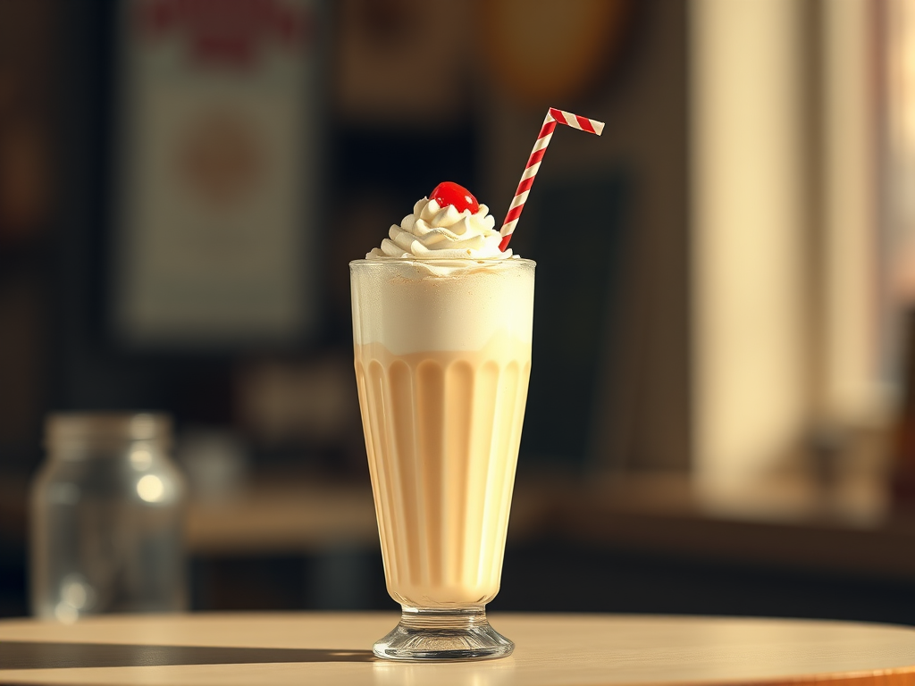 Regenerate a vintage-style illustration of a milkshake in a tall glass with whipped cream and a cherry on top, using a DSLR camera with a 50mm lens, aperture set to f/2.8 for shallow depth of field, ISO 100, and natural soft lighting.