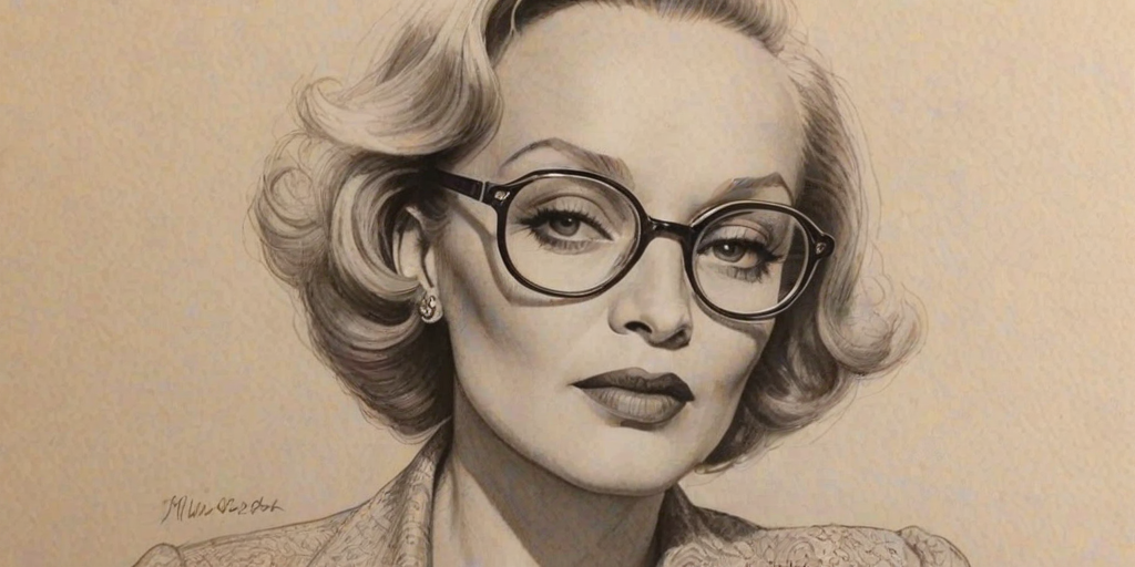 Superb Marlene Dietrich, pencil sketch, portrait of Ravishing woman 1963s in glasses, hair style beatnik, outline, clear lines, fine lines, 8k