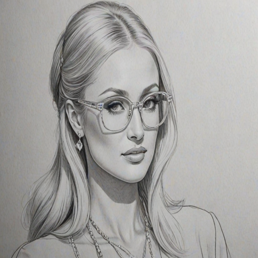 Graceful Paris Hilton, pencil sketch, portrait of Wonderful woman 1921s in glasses, hair style beatnik, outline, clear lines, fine lines, 8k