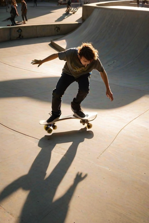 Blurry action shot of a skateboarder performing a trick in an urban skate park, soft glow from overhead streetlights casting long shadows on the concrete, with distant graffiti-covered walls.