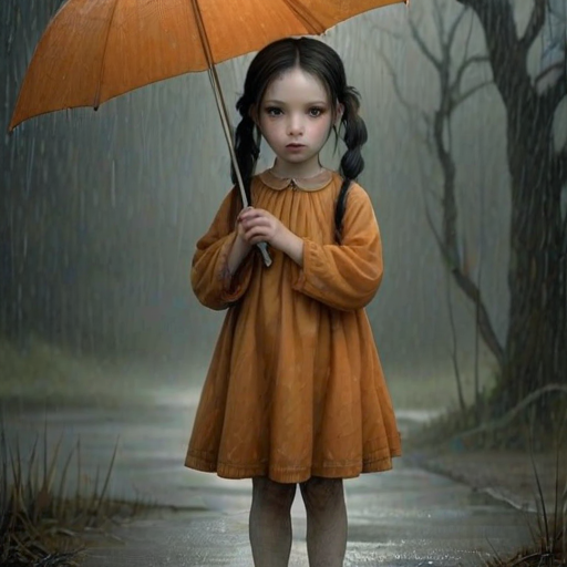 An eerie, weird little girl with dark hair in thin pigtails, wearing a smock dress, standing in the rain, holding a dirty orange umbrella, a small, odd creature beside her. In a surreal style inspired by Nicoletta Ceccoli and Brian Froud. Dark fantasy themes