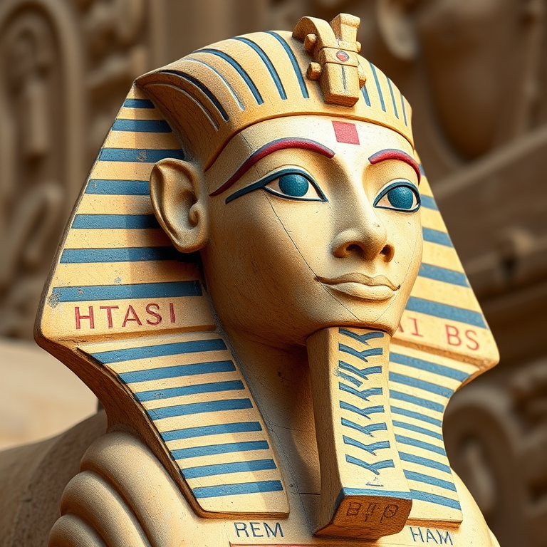 Create an image of an ancient Egyptian sphinx with detailed hieroglyphics and vibrant colors, captured using a DSLR camera with a 50mm lens, f/2.8 aperture, ISO 100, in a soft natural light setting, showcasing a close-up perspective with a shallow depth of field.