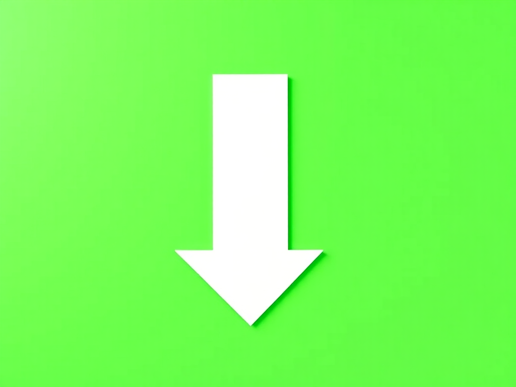 Generate an image of a large downward white arrow on a bright green background, using a DSLR camera with a 50mm lens, aperture f/2.8, ISO 100, and a shallow depth of field for enhanced detail and vibrancy, capturing a straight-on view.