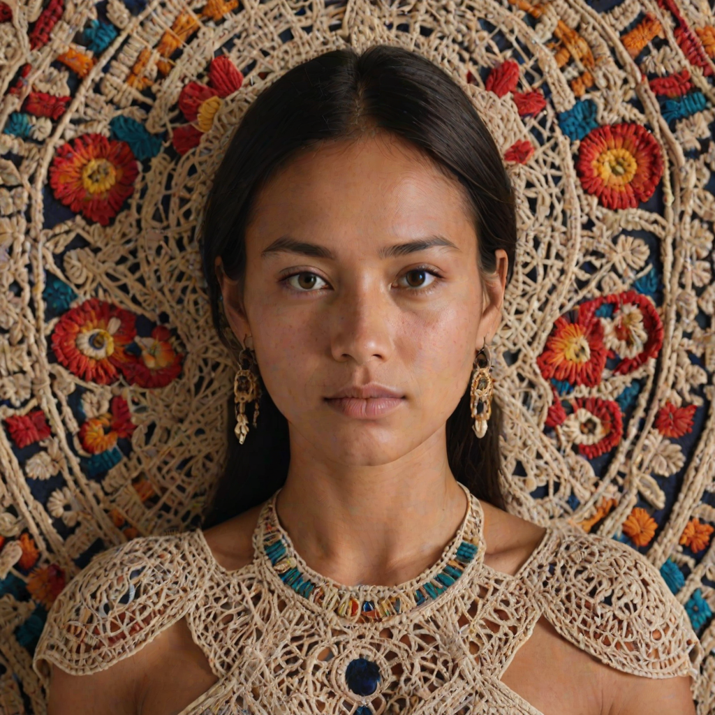 Face, shoulders, chest covered in openwork Maya embroidery. Raw, unedited image.