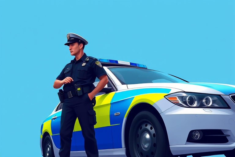 Create an illustration of a police officer standing next to a police car with a bright blue background, using a digital art style, shot from a low-angle perspective, with high resolution settings of 300 DPI, and a focus on vibrant colors and sharp details.