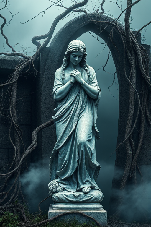 Create a high-resolution image of a weathered statue surrounded by twisted vines and ethereal mist, using a DSLR camera with a 50mm lens, aperture set to f/1.8, ISO 200, and soft diffused lighting for an artistic effect.