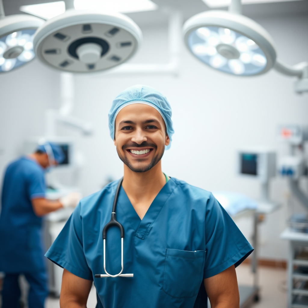 Create an image of a healthcare professional smiling in a surgical room, using a full-frame camera set to f/1.8 aperture, ISO 200, shutter speed 1/60 seconds, portrait view, with soft diffused lighting to enhance image quality and a shallow depth of field.