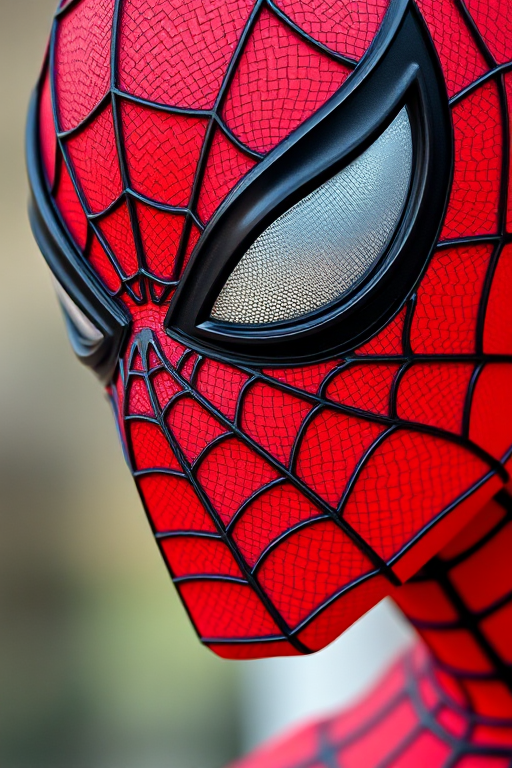 Close-up of a Spider-Man costume head with intricate web patterns, shallow depth of field, f/2.8 aperture, 50mm lens, natural lighting, capture with a DSLR camera for high detail and vibrant colors.