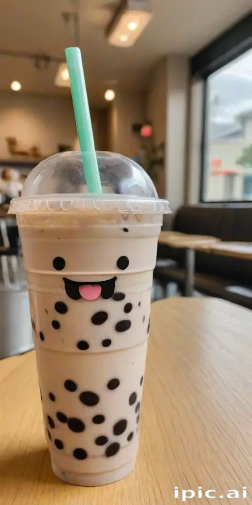 A Fun and Playful Bubble Tea Drink with a Cute Face Design