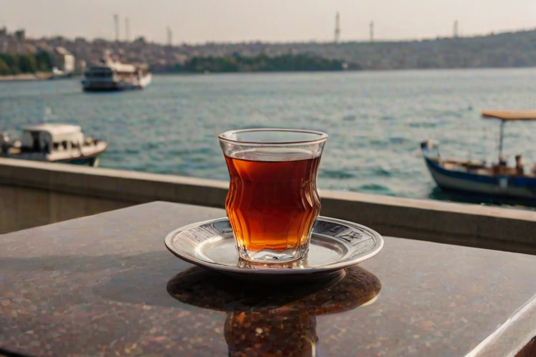 A glass of TurkishTea on a coffee table on the sideway near Bosphorus in Istanbul