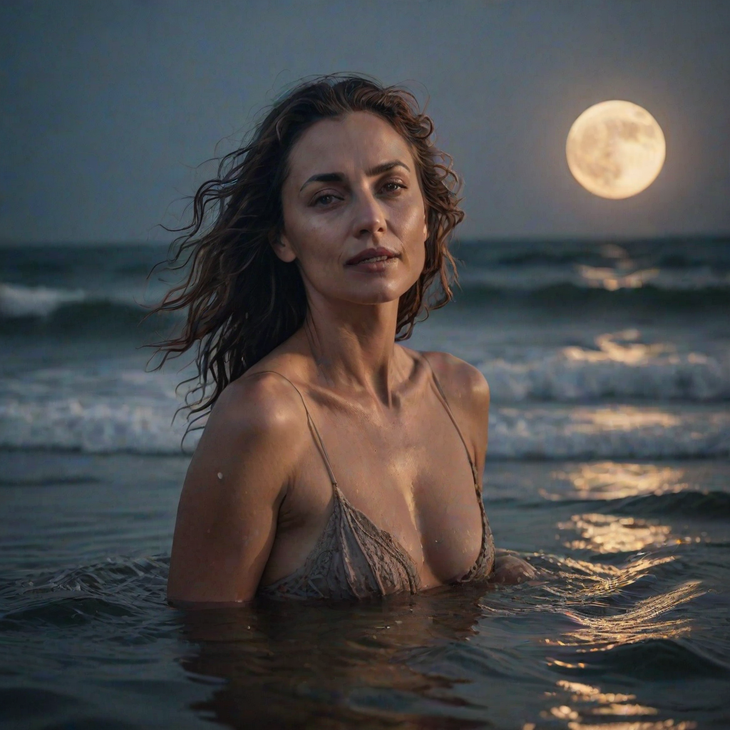 Best photograph, hyperealistic, UHD, HDR, 5D, 35'mm Leica lens, medium shoot of a sensual beautiful mature woman in the water wave the beach, full moon light effect ,Deep focus, intricate details, 35mm lens shot, lovely and romantic sight, cinematic