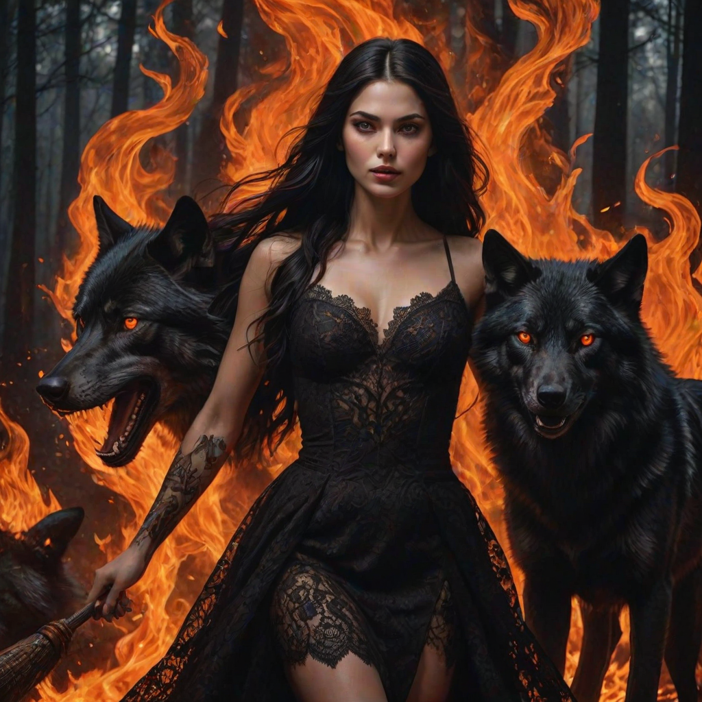 A woman with long dark hair, wearing a black lace dress that seamlessly blends into her skin with intricate floral patterns. She is in the foreground, with a black wolf beside her; its fur is midnight black, and it has glowing, intense, orange eyes that match hers. Her eyes are partially closed with burning embers above them, giving a fiery and mystical aura. The background is engulfed in tall, roaring flames, contributing to an overall dark and supernatural atmosphere. The colors are intense, predominantly black, fiery orange, and deep reds, with sharp contrast highlighting the mysterious and fierce theme. The flames are bright and dynamic, casting dramatic light and shadow, illuminating the woman and wolf while leaving parts in near darkness. The image evokes a sense of otherworldly power and connection between the woman and the wolf.