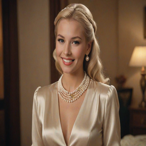 A beautiful Inca woman reminiscent of 1950s Hollywood glamour, with perfectly styled blonde hair and a seductive smile, dressed in a satin blouse and adorned with pearls, soft and warm tones, photorealistic, 8K