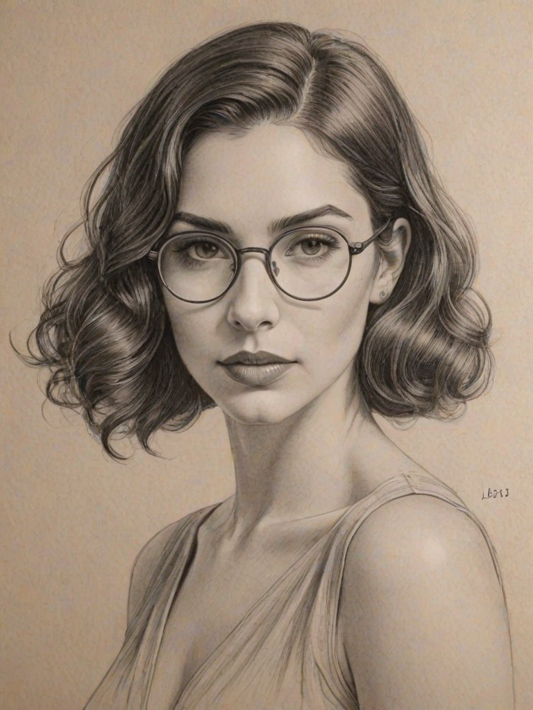 Bewitching Lela Loren, pencil sketch, portrait of Gorgeous woman 1928s in glasses, hair style beatnik, outline, clear lines, fine lines, 8k
