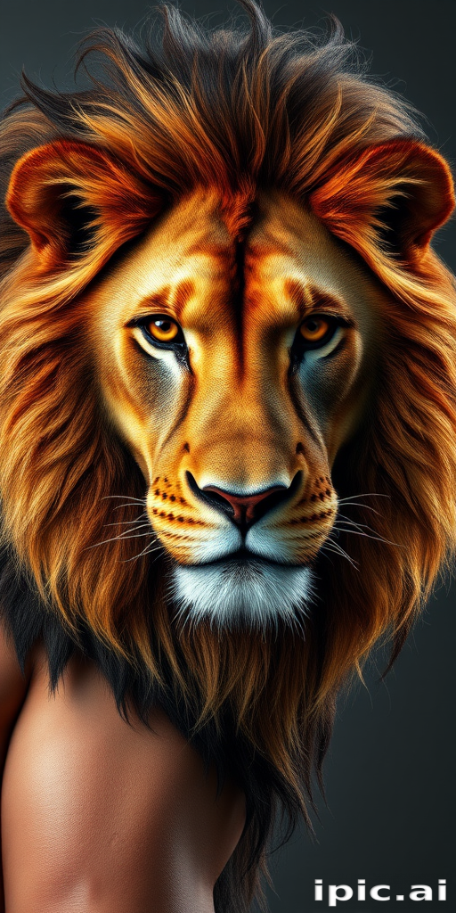Hyper-realistic 3D lion portrait on bicep, mane seemingly alive with movement, piercing amber eyes gazing out, fine details in fur texture