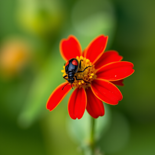 macro shot of a black and red bug perched on a vibrant red and yellow flower with a blurred green background, ISO 100, f/2.8, 1/200s, 85mm lens, natural light, DSLR camera, shallow depth of field