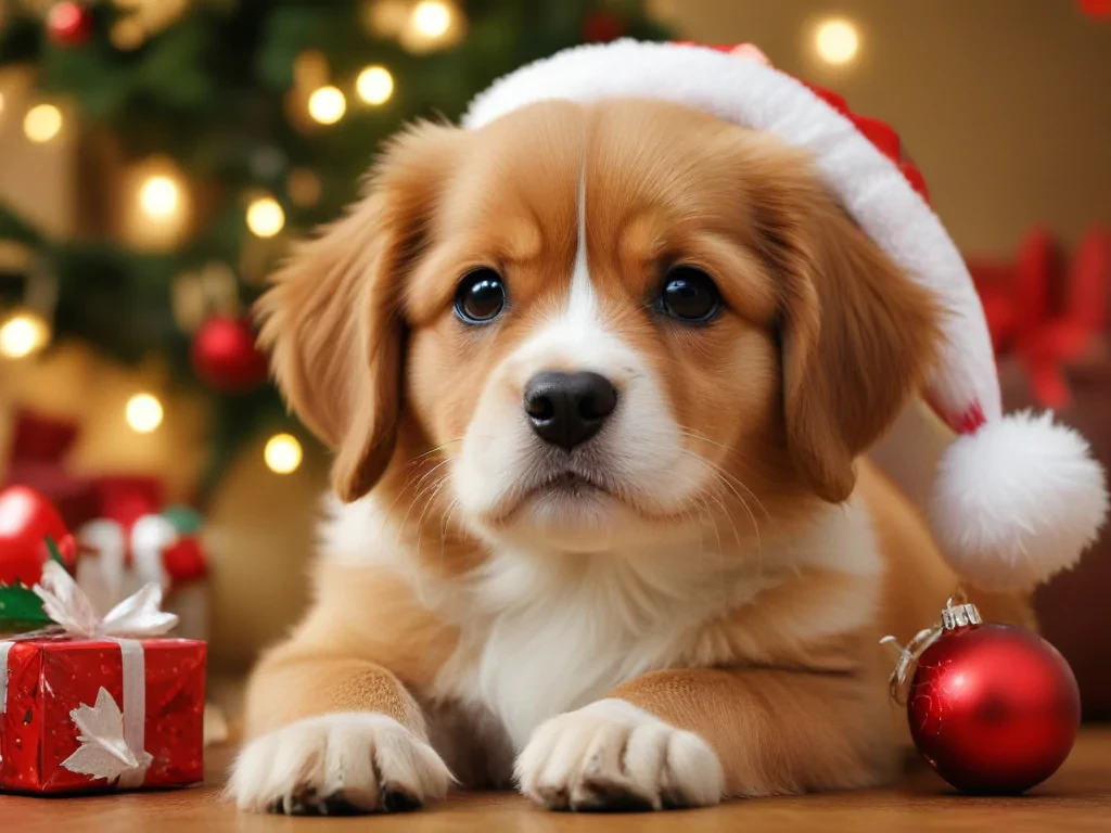 Adorable Puppy in Santa Hat Surrounded by Christmas Decorations and Gifts