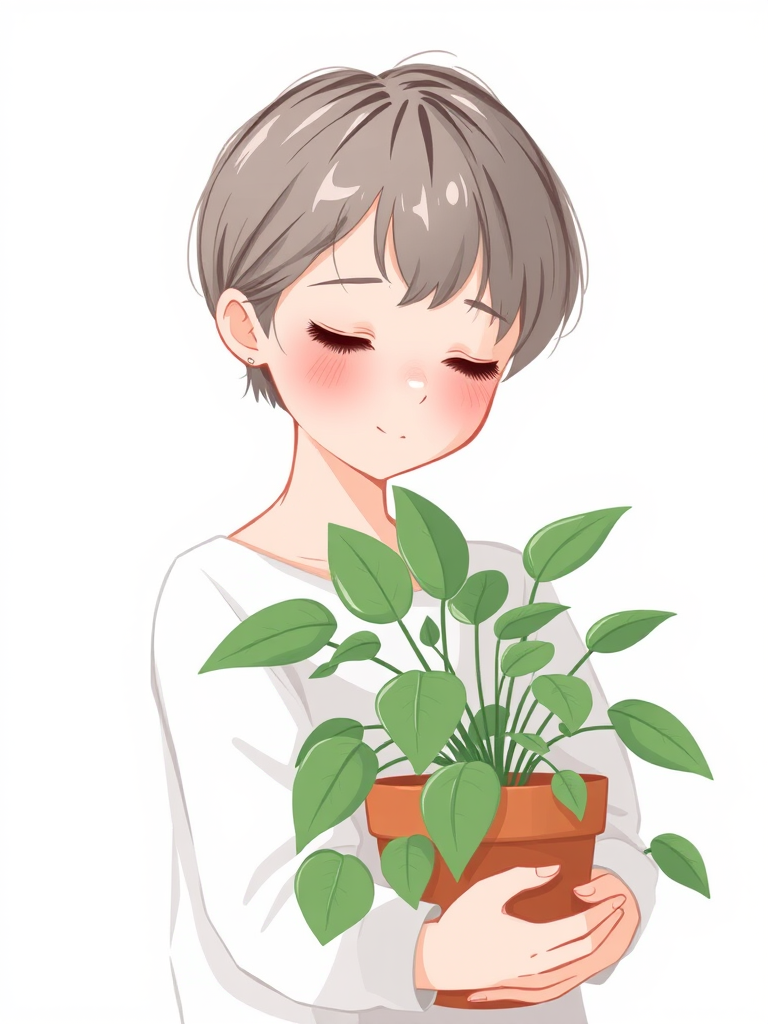 Create a digital illustration of a girl with short hair, gently hugging a potted plant, in a minimalist style with soft colors and a light background, using a Canon EOS R5 with a 50mm lens, aperture f/1.8, ISO 100, and soft natural lighting for enhanced clarity and detail.