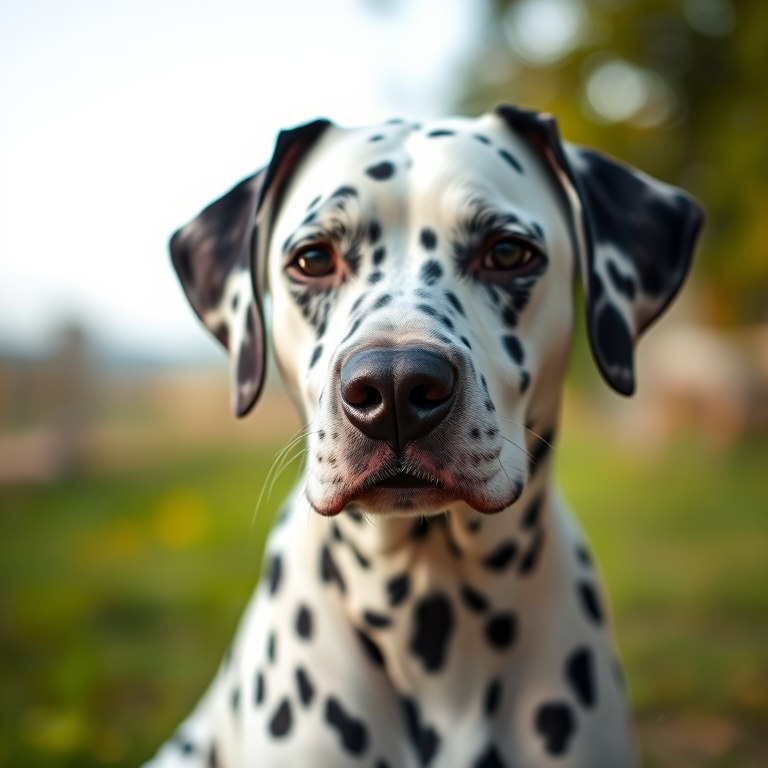 Capture a close-up of a Dalmatian dog sitting outdoors with a soft focus background, using a DSLR camera at f/2.8 aperture, ISO 200, and shutter speed of 1/400s, natural lighting, and a 50mm lens for sharp detail and rich colors.