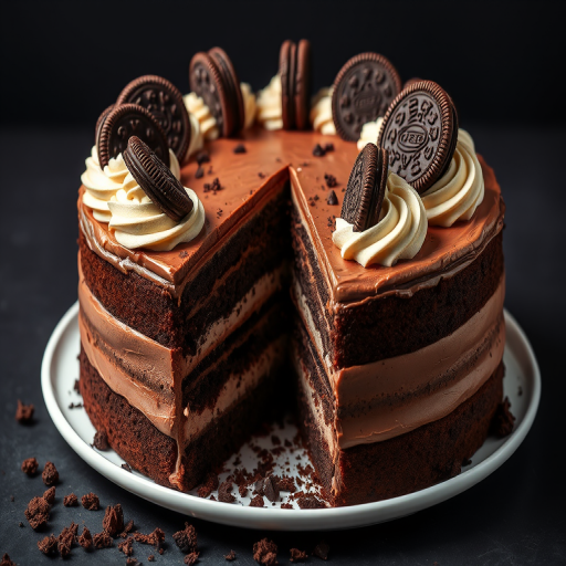 A delicious chocolate cake with layers of creamy frosting and Oreo cookies on top, featuring a slice cut out to reveal the chocolate layers inside, presented on a white plate with cookie crumbs around it, against a dark background.
