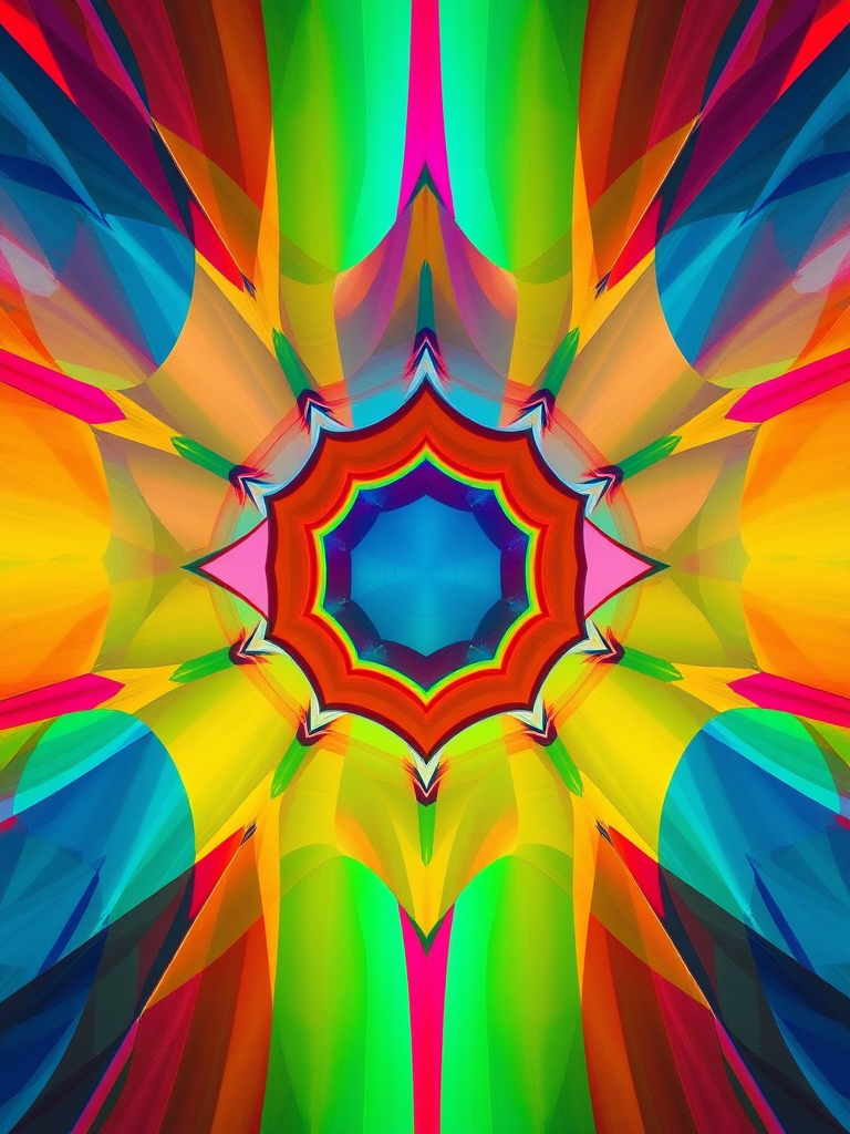 create an abstract image with vibrant colors and geometric shapes using a Canon EOS R5, 50mm lens, f/1.8 aperture, ISO 100, shot from a top-down view, with high dynamic range and vivid color saturation settings