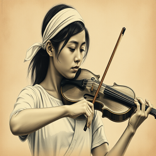 a young Cambodian woman with a white headband playing a violin, in the style of a charcoal drawing, sepia grunge background