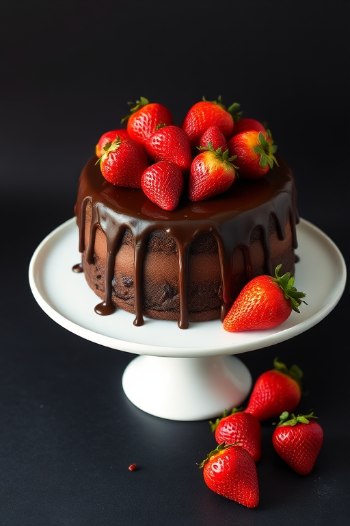 A chocolate cake topped with fresh strawberries and drizzled with chocolate ganache, placed on a white plate against a dark background with a few scattered strawberries around the plate, showcasing a rich and indulgent dessert.