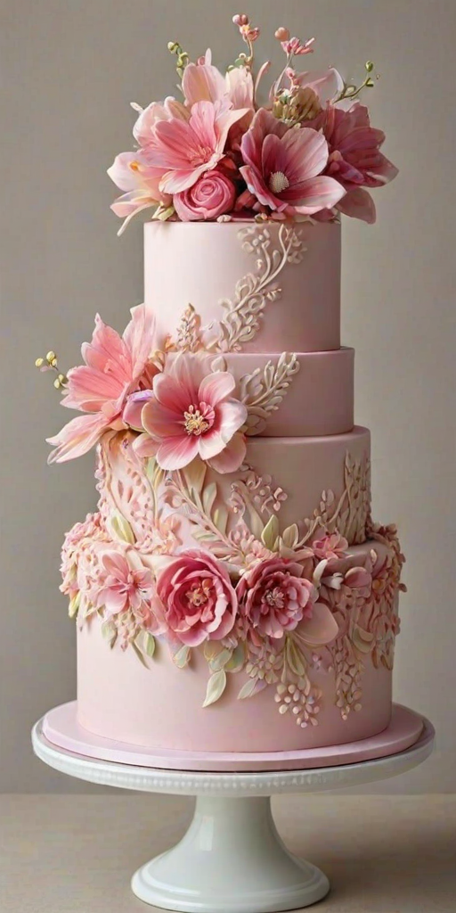 Generate an image of a three-tiered cake decorated with intricate floral designs. The cake should have a smooth icing finish in shades of pink, with various colorful flowers made of icing, including small blossoms and larger floral patterns. The overall look should be elegant and visually appealing, suitable for a special occasion.