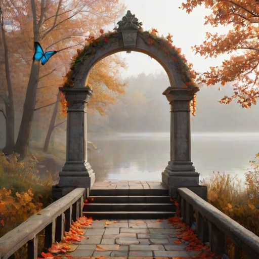 create an image of a staircase leading to a decorative arch adorned with colorful butterflies and autumn leaves, set against a misty lake backdrop
