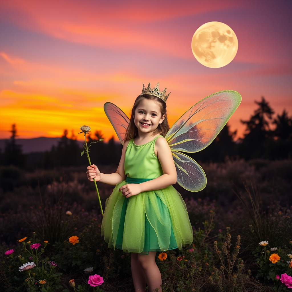 A vivid photo  taken under a bright camera flash of a fantastical scene set against a backdrop of a forest during sunset. The main subject is a girl dressed as a fairy, adorned with translucent wings and a green dress, holding a wand, her face is happy, and she wears a crown on her head. The forest behind her is a blend of flowers, shrubs and trees. The sky is painted in hues of orange and pink, with a large, glowing moon casting a warm glow over the scene. The overall color palette is dominated by earthy tones.