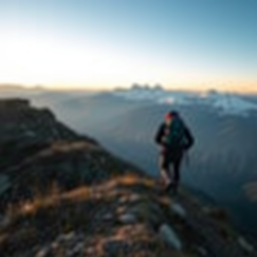 Blurry action shot of a hiker climbing a steep mountain trail at dawn, soft focus on the distant snow-capped peaks, with a feeling of adventure and determination filling the air.